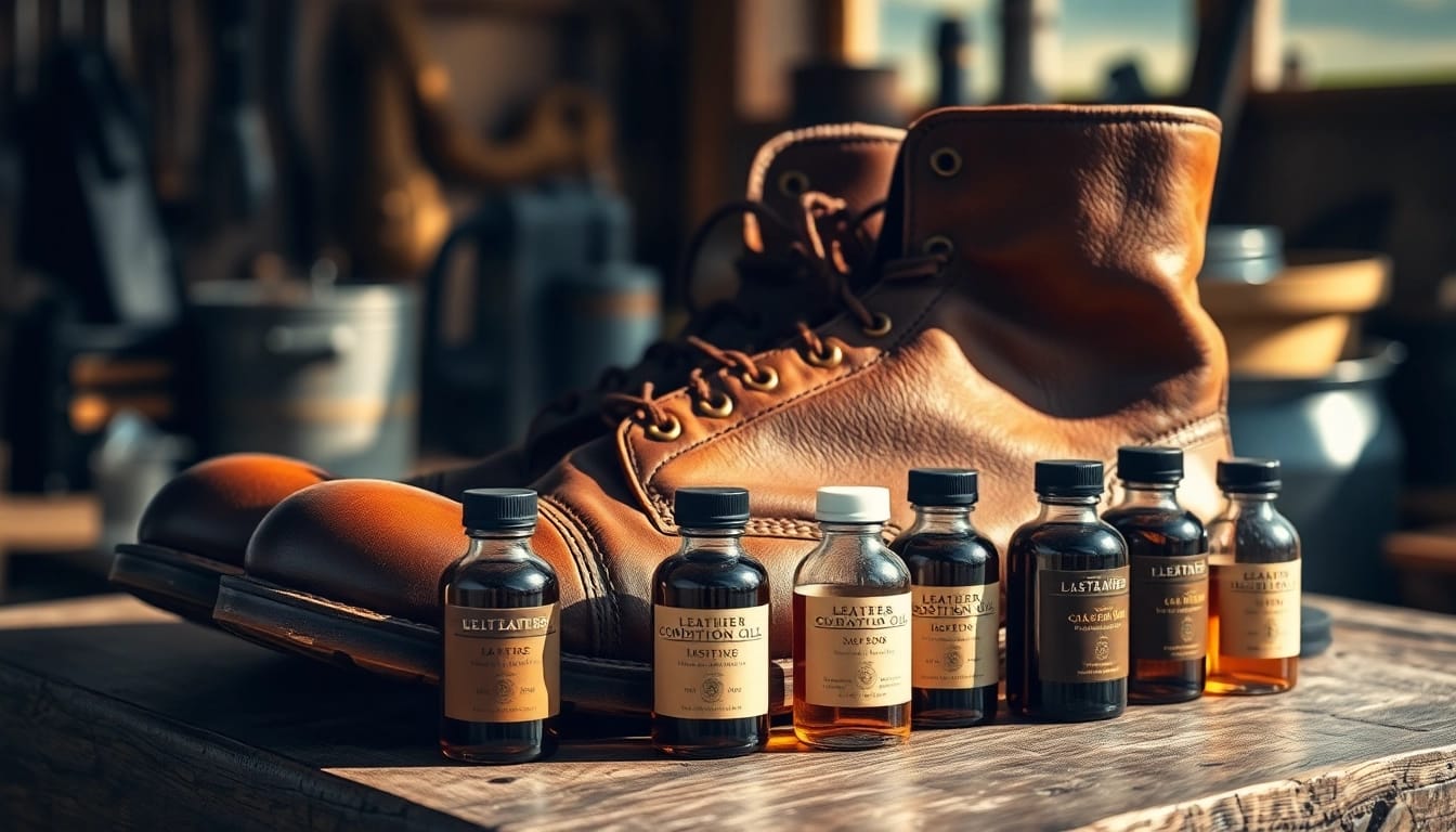 Conditioning oil-tanned leather boots showcased with conditioning oils highlighting our care tips.