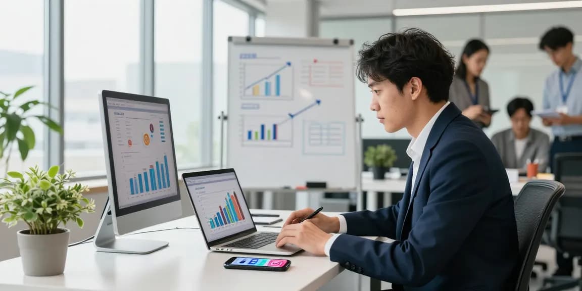 Buy Instagram followers with real metrics analysis in a modern office.