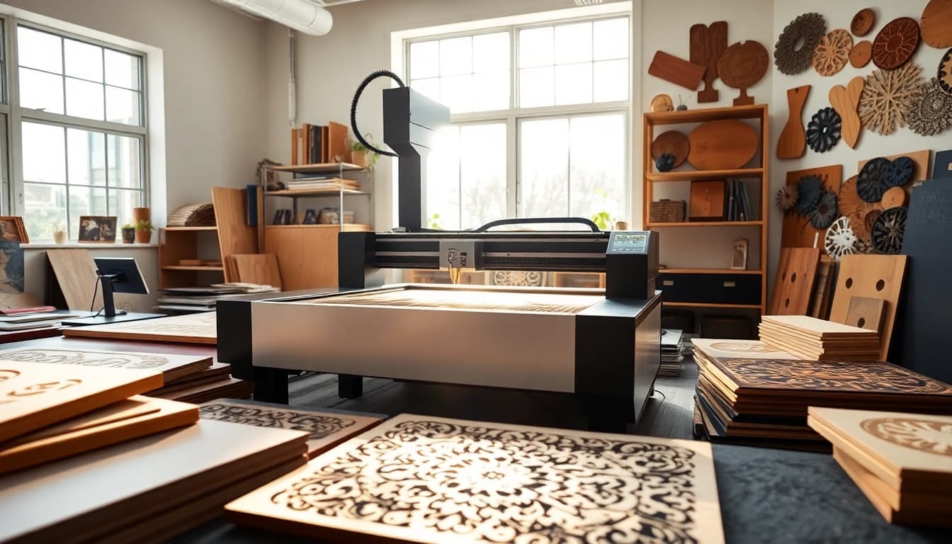 Creating custom laser design using professional engraving machine in a bright studio.