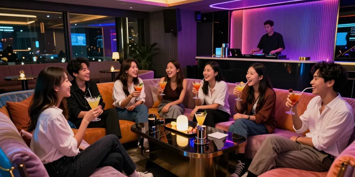 강남쩜오에서 프리미엄 가라오케를 즐기는 고객들, 화려한 인테리어와 생동감 넘치는 분위기