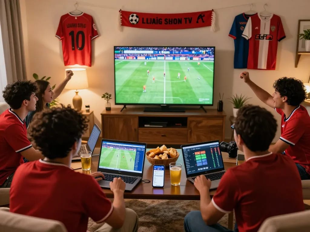 Lương Sơn TV football streaming scene showing fans enjoying a live match together.