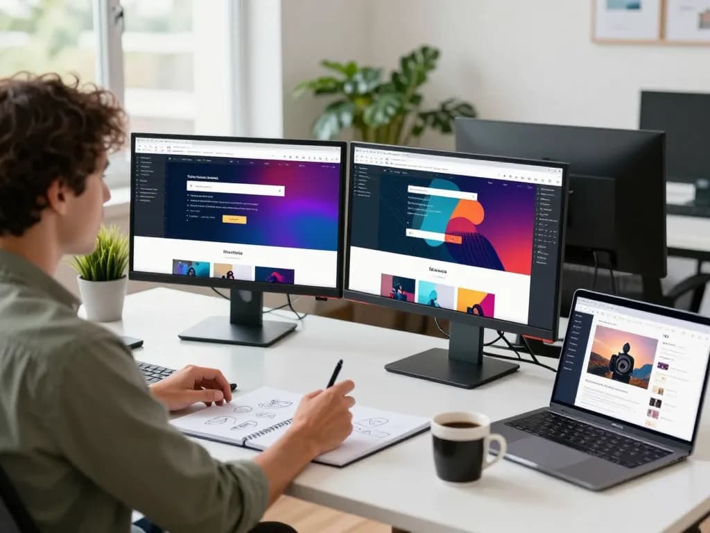 Freelance website designer discussing a project in a modern workspace.