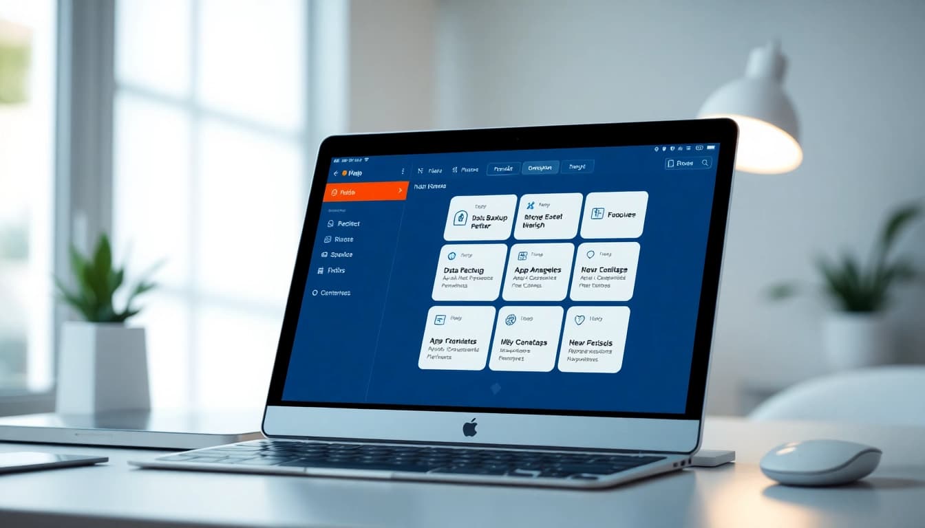 爱思助手 software interface displayed on a sleek Apple device in a professional workspace.