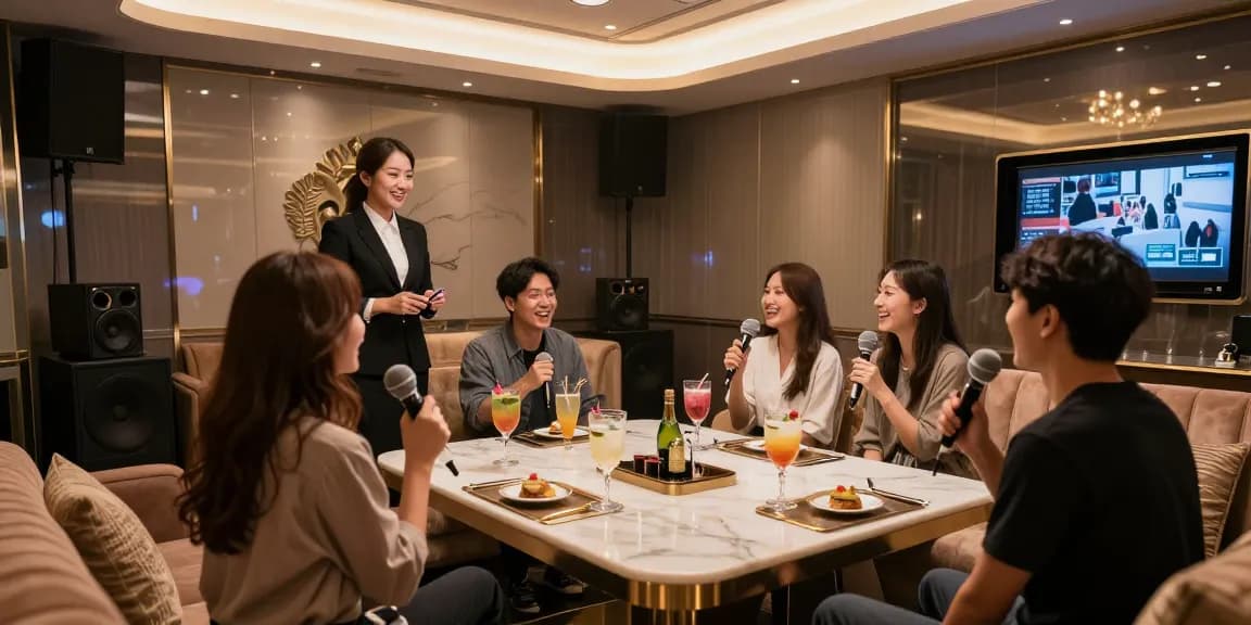 강남구구단의 고급스러운 가라오케 룸과 전문 접객원이 고객과 소통하는 모습