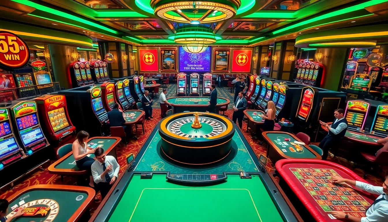 Experience the thrill of 555win, featuring vibrant casino tables and players celebrating wins.