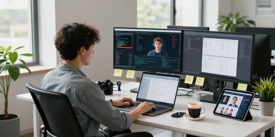 Focused data analyst using a free ai detector for image analysis in a modern office.