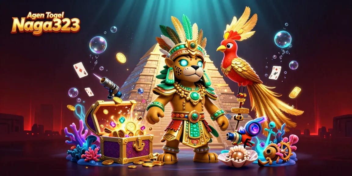 Agen Togel Naga323 offers a vibrant illustration showcasing dynamic gameplay with exciting lottery elements and treasures.