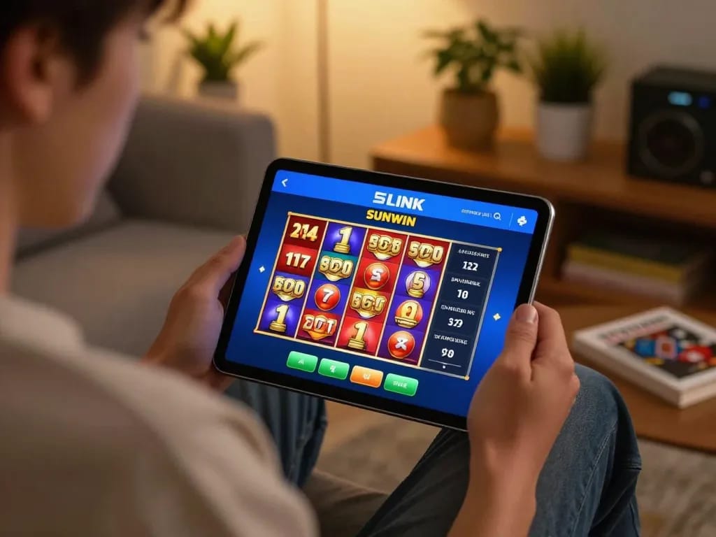 Person enjoying the LINK SUNWIN app on a tablet in a cozy home setting.