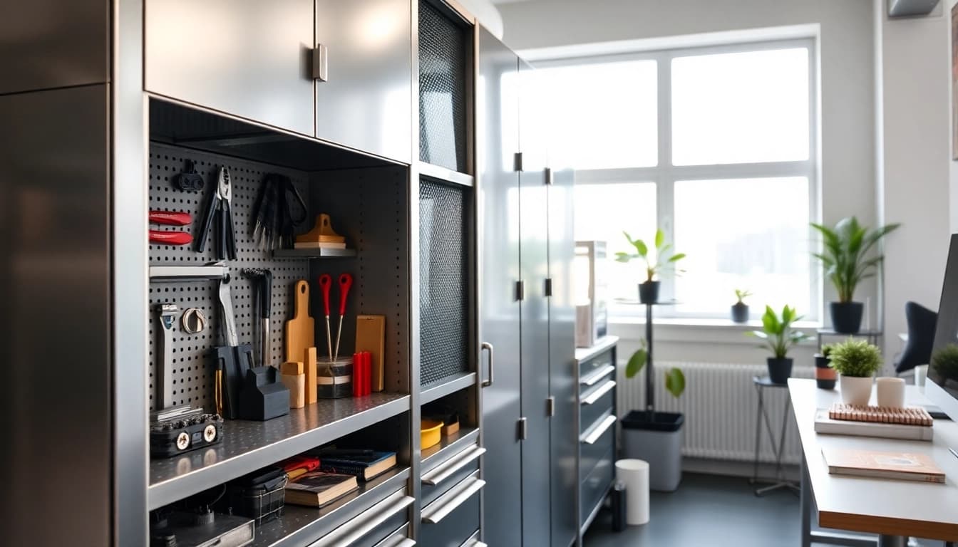 Showcasing a sleek steel cabinet in a modern workspace with organized storage.