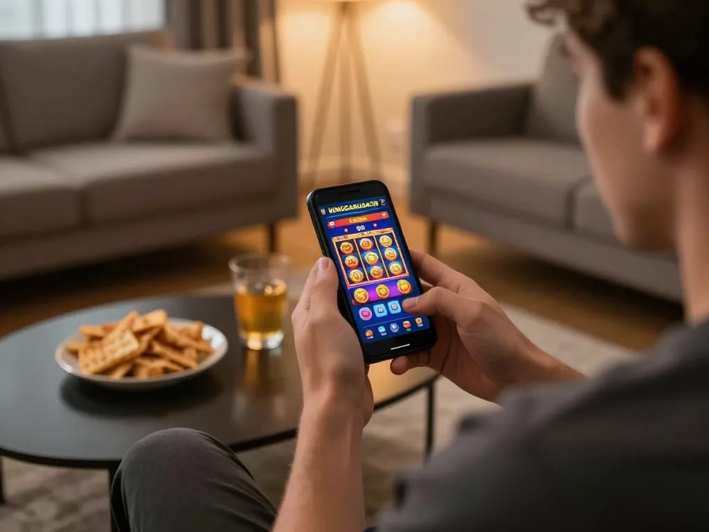 Player enjoying KINGGARUDA138's mobile casino interface, immersed in online gambling action.