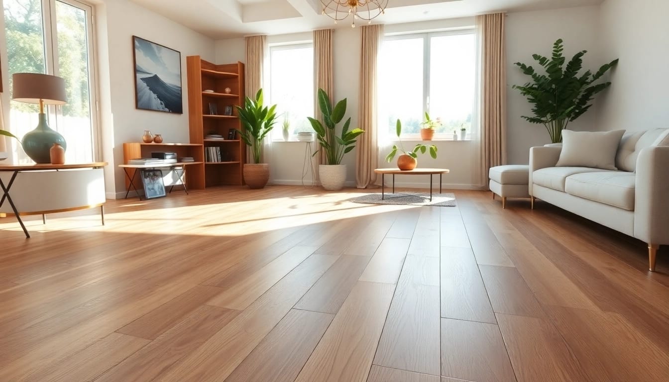 Find quality lvp flooring near me, beautifully installed in a modern living room with warm sunlight.