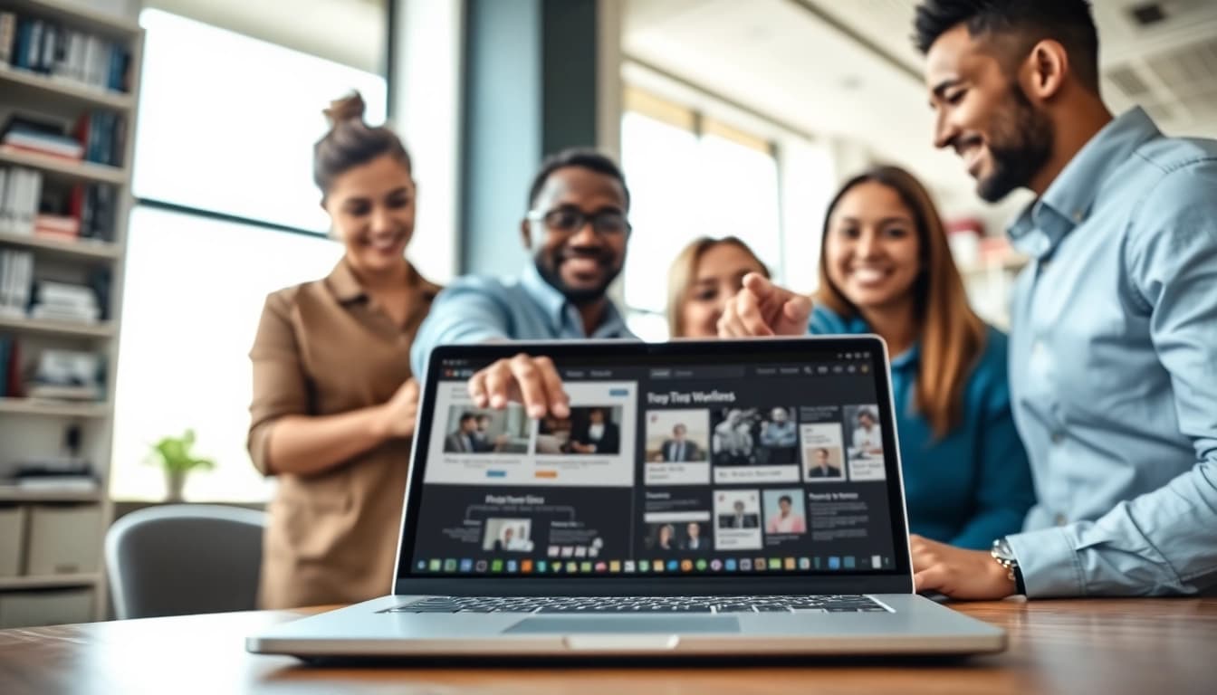 Showcasing WordPress services in a collaborative modern office with professionals engaged in discussion.