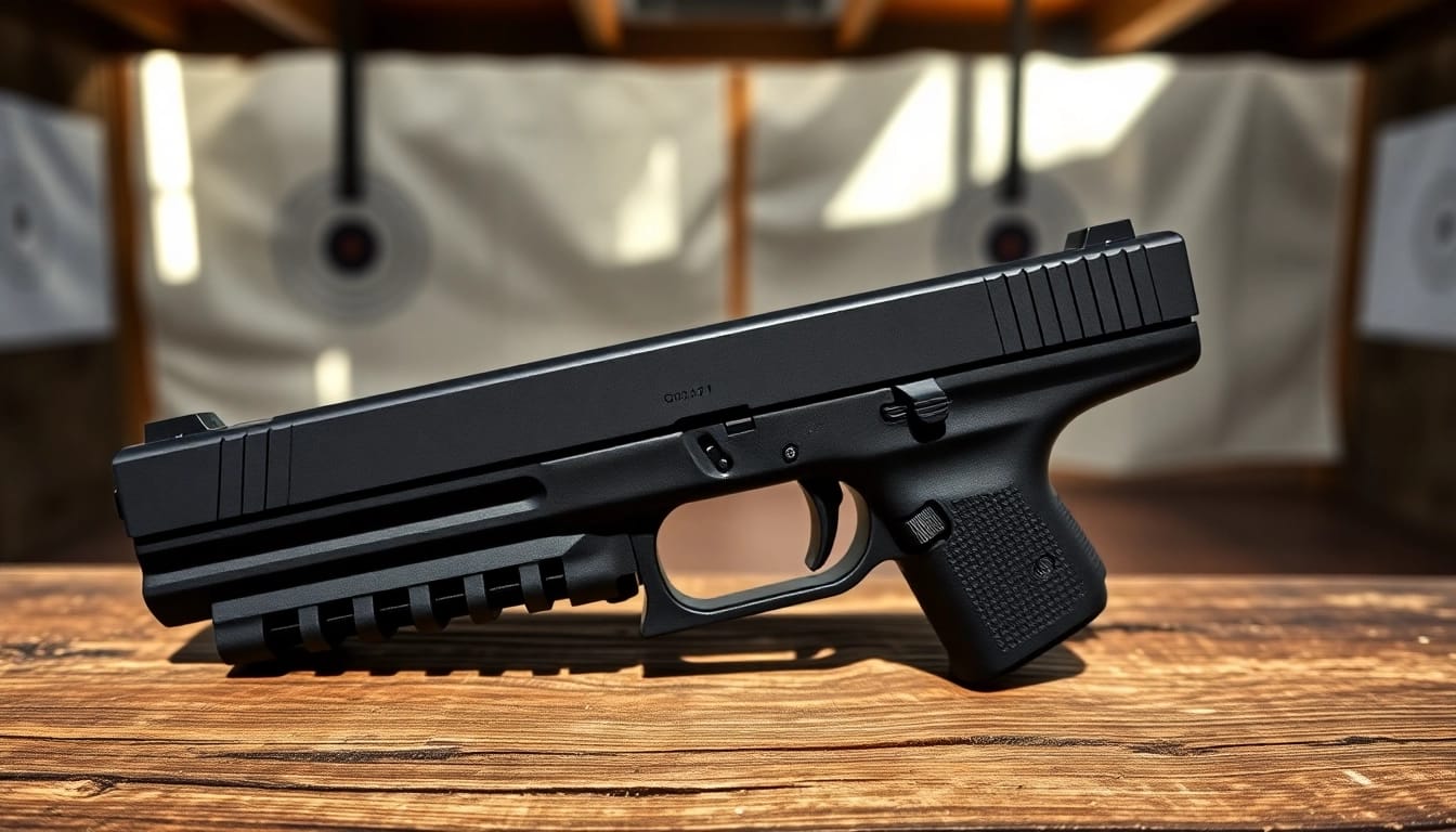 Showcase glock 17 slide highlighting its precision engineering and details on a wooden surface.