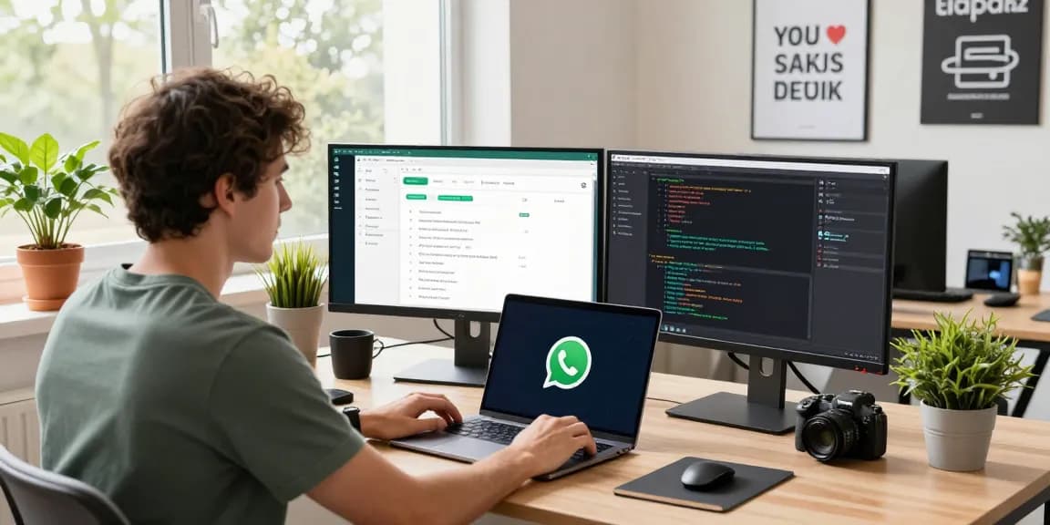 Developer optimizing WhatsApp下載 features in a modern tech workspace.