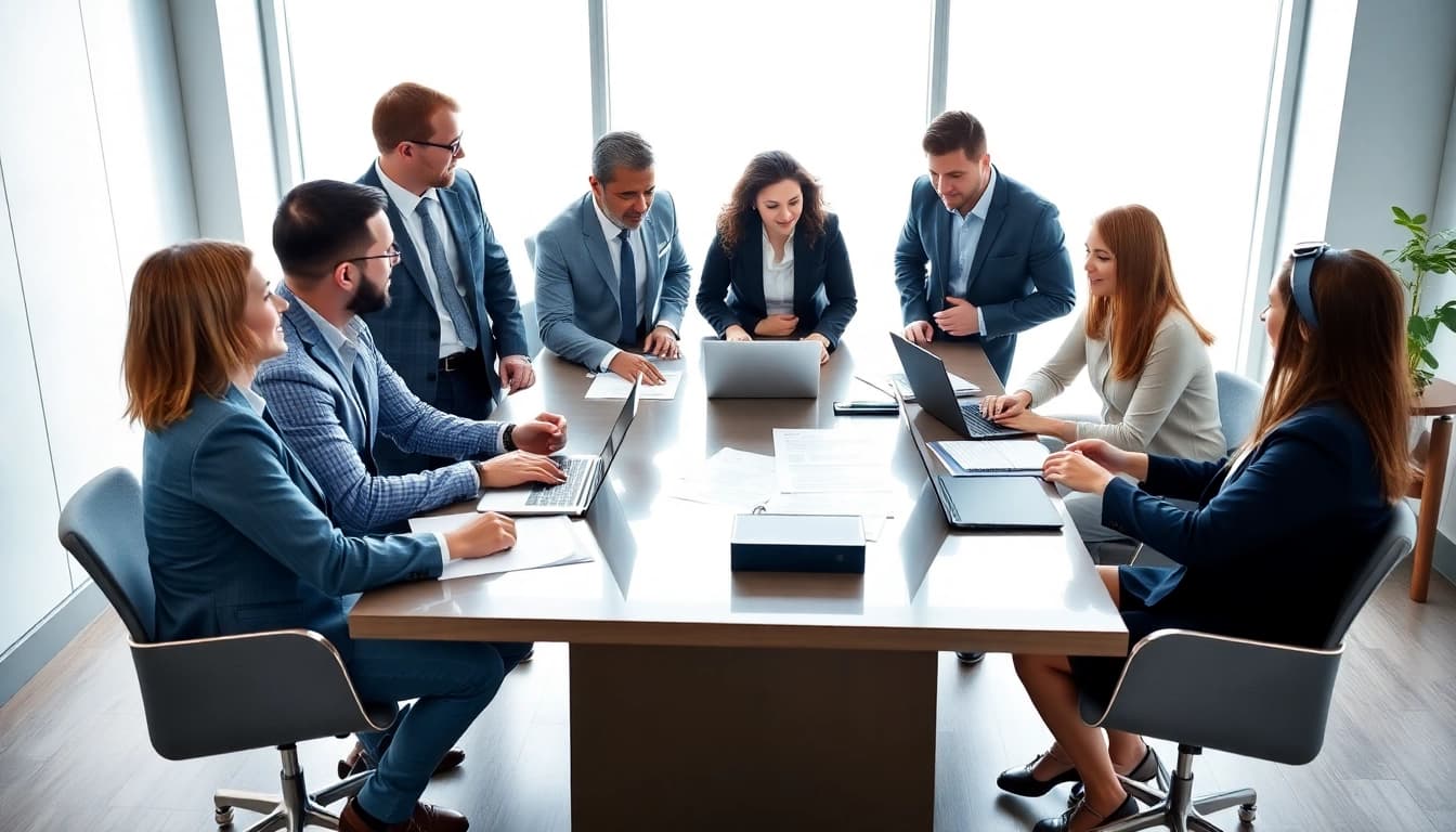 Engaged professionals negotiating on BizTrader platform in a modern office setting.