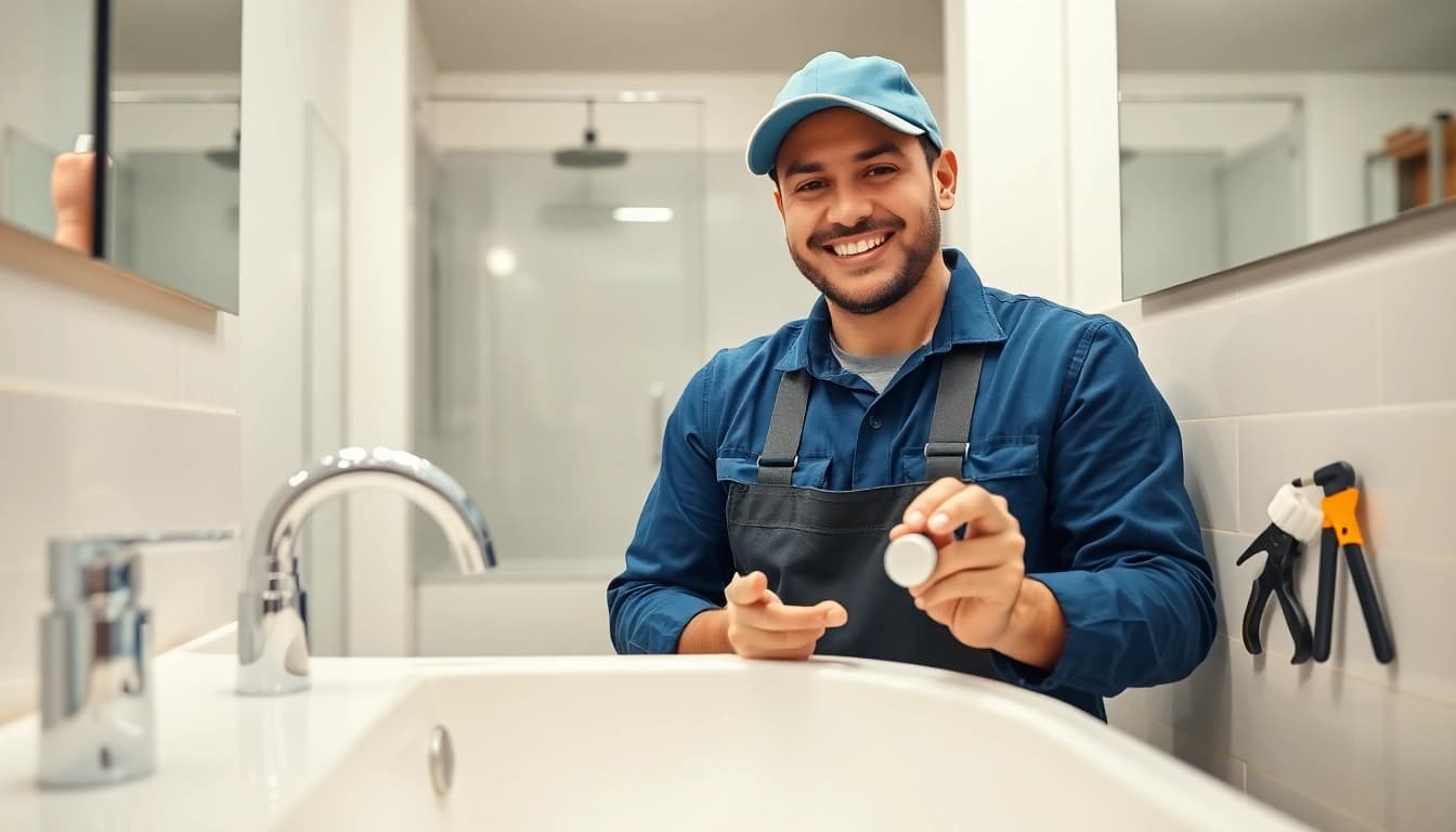 Plumber West Vancouver fixing a leak in a modern bathroom.