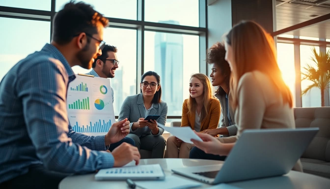 Assessing the global wealth scope with a financial coach and engaged clients in a modern office.