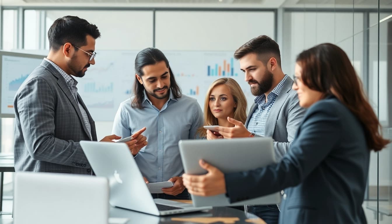 Analyze b2b competitive intelligence data with professionals interacting in a modern office.
