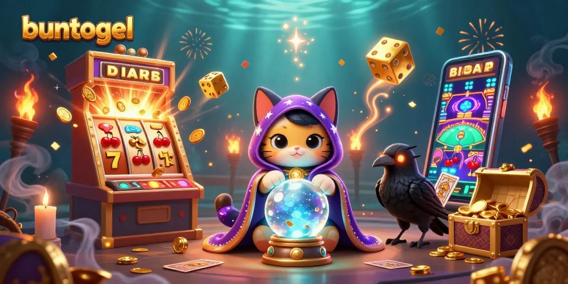 Buntogel, situs togel online terpopuler, menampilkan ilustrasi kasino 3D yang penuh energi dan detail.