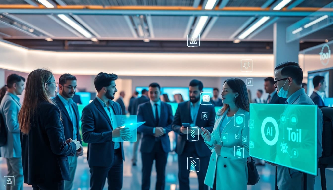 Showcasing an engaging ai tool marketplace with diverse tools displayed and professionals collaborating.