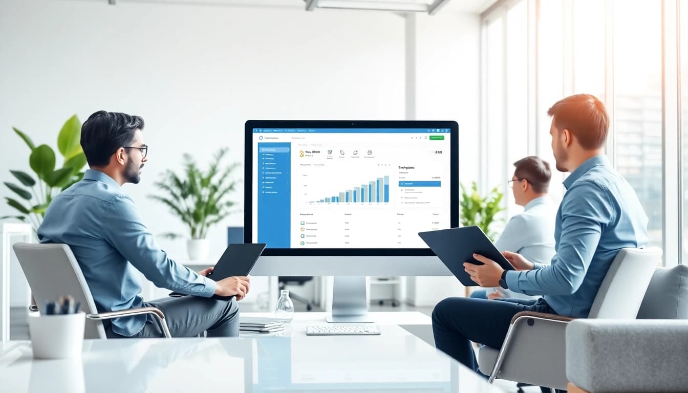 Implement order processing software with a collaborative team in a bright office setting.