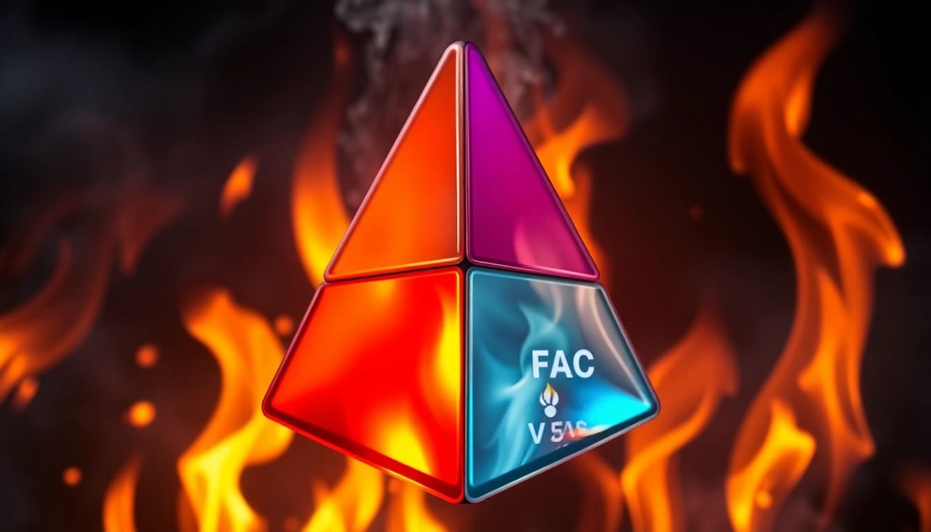 Visual representation of the fire tetrahedron demonstrating its four components: fuel, heat, oxygen.