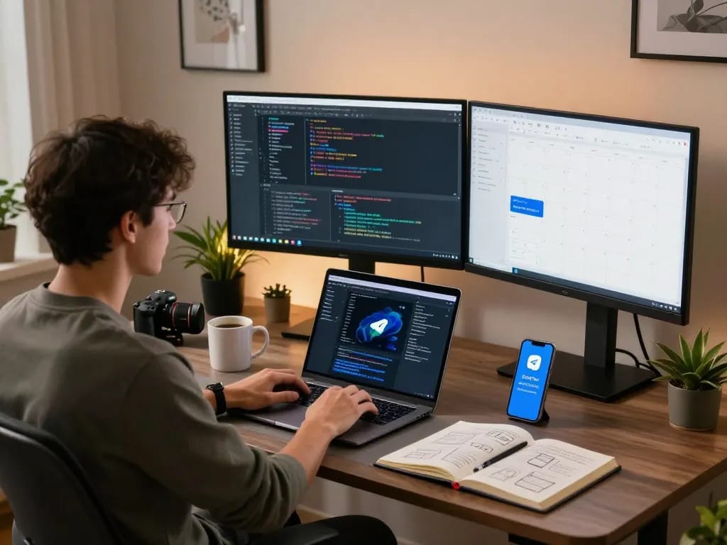 Developer utilizing molt bot functionality in a modern home office environment.