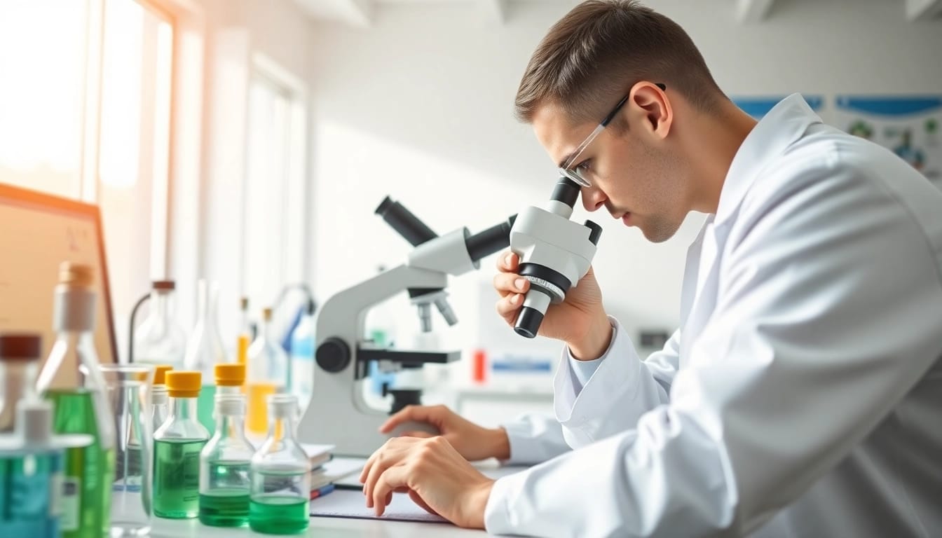 NAD+ research in a professional lab setting with a researcher examining samples.