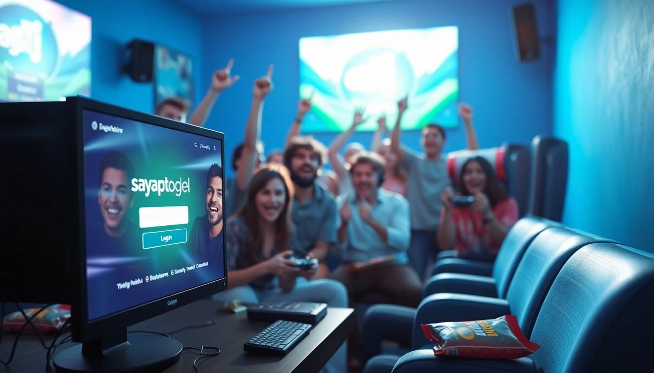 Masuk ke sayaptogel login melalui layar komputer dengan pemain yang bersenang-senang di latar belakang.