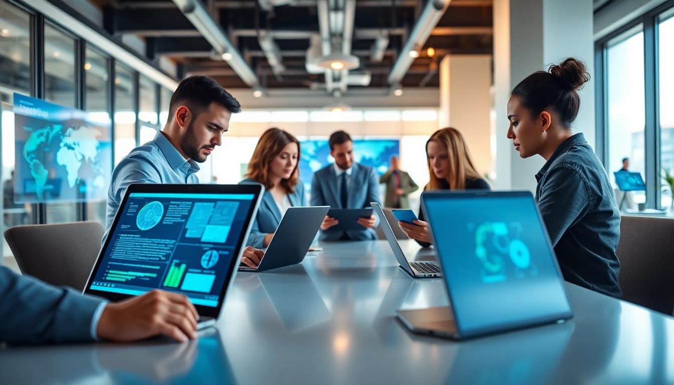 Engaging workspace showcasing the ai tool marketplace with diverse professionals collaborating.