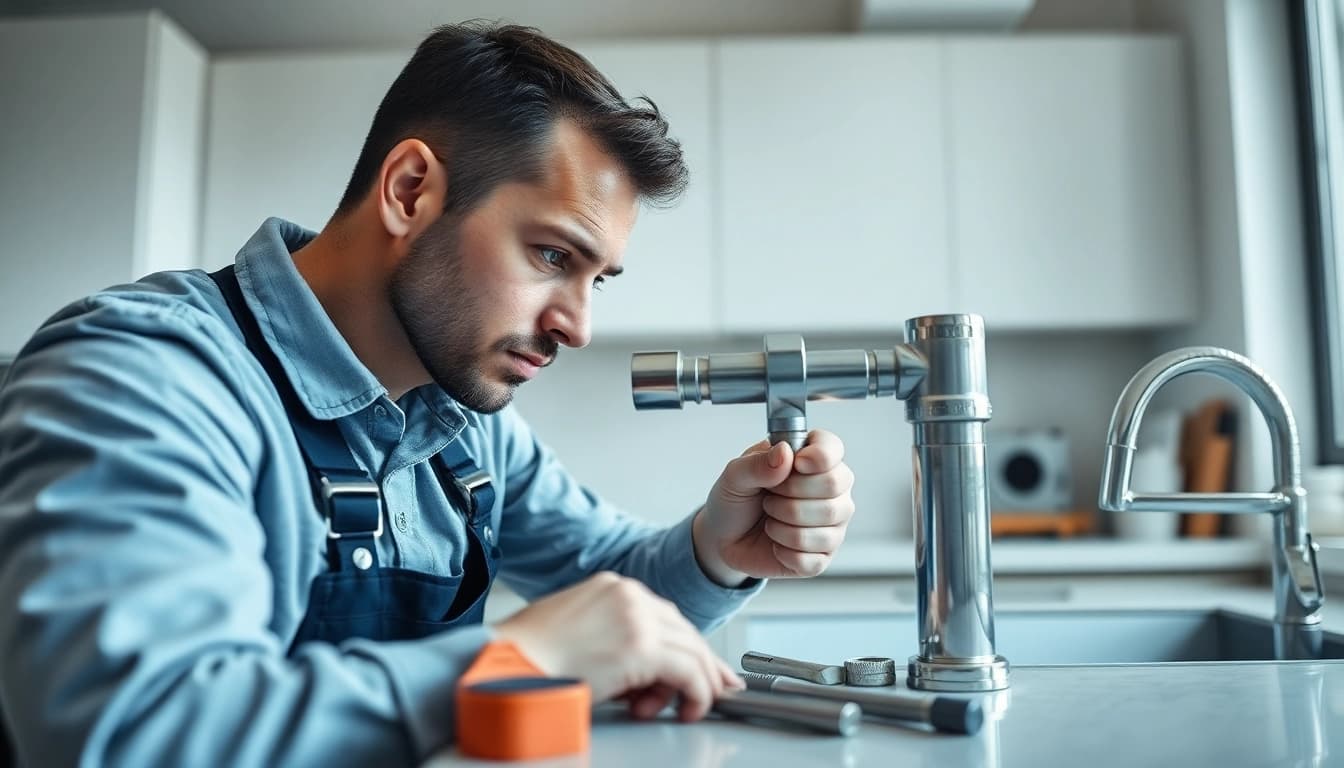 Plumber north shore repairing a pipe in a contemporary kitchen with focused precision.