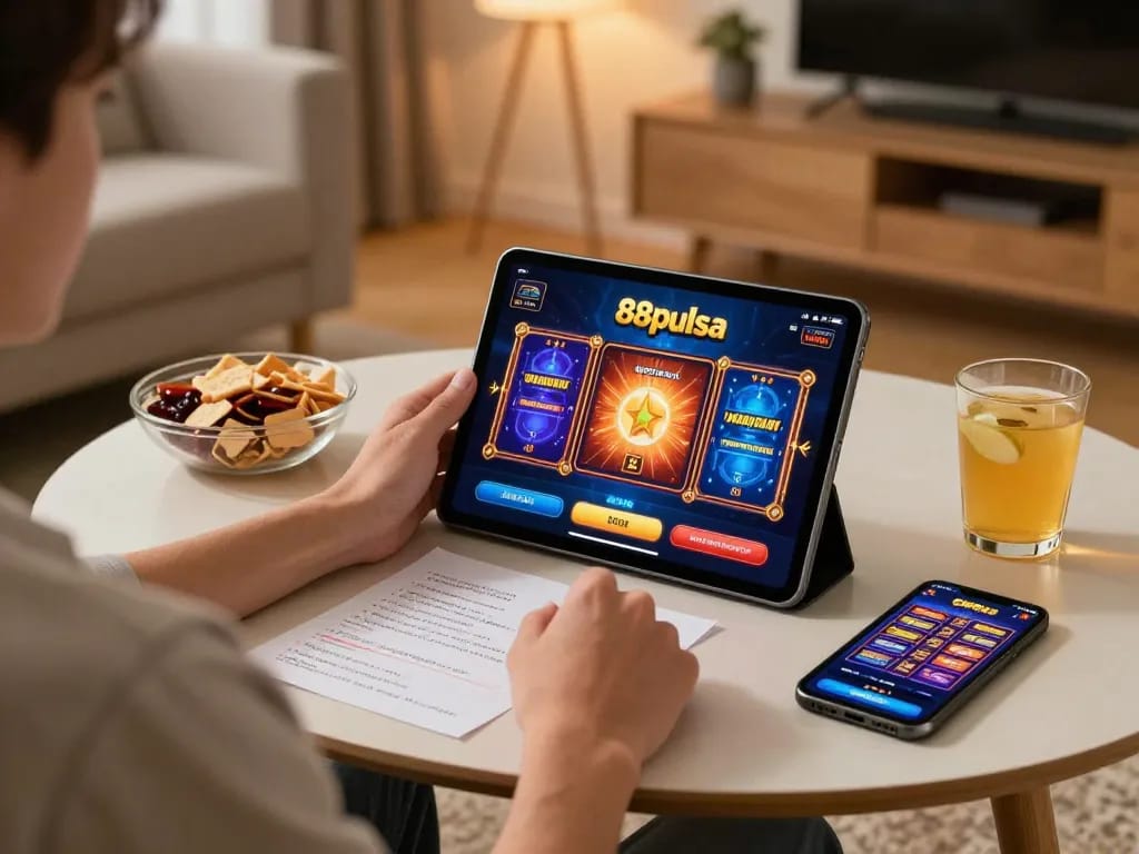 Pemain menikmati slot online 88Pulsa di tablet, menampilkan pengalaman bermain yang menarik dalam suasana yang nyaman.
