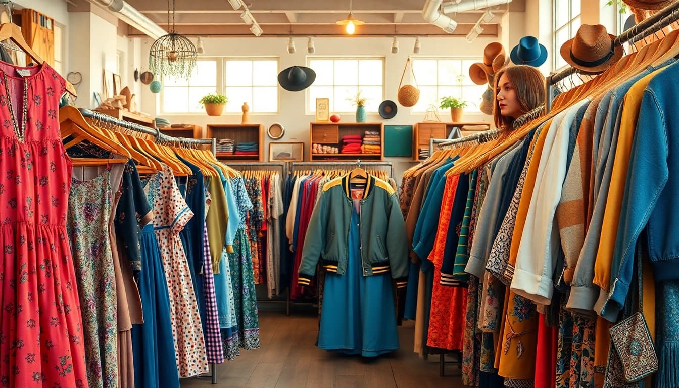 Discover unique thrifted vintage items at https://thrift-vintage.com/ in a vibrant clothing store setting.