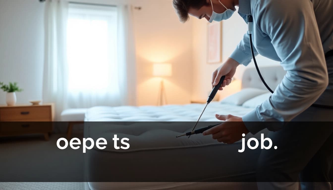 Applying bed bug treatment by a professional technician in a serene bedroom setting.