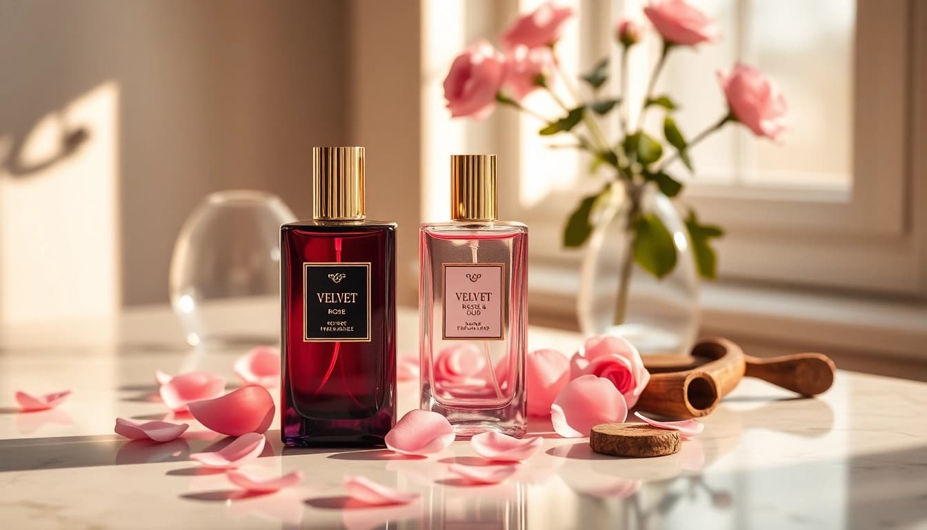 Showcase Velvet rose & oud fragrance bottle surrounded by petals and oud wood.