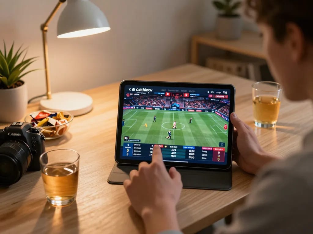Cakhiatv user engaging in live sports betting experience on a tablet, showcasing convenience and excitement.