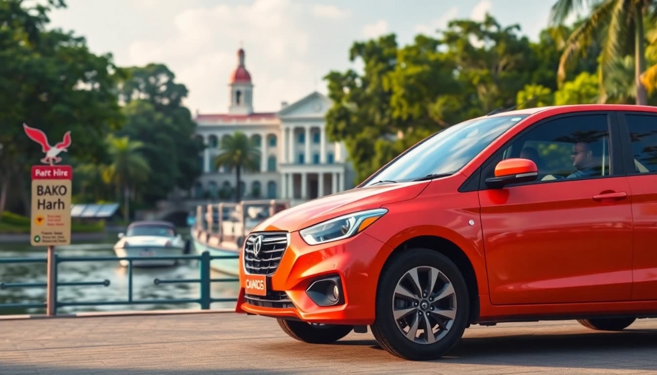 Experience car hire in Kuching with a scenic waterfront view featuring a rental car against lush greenery.