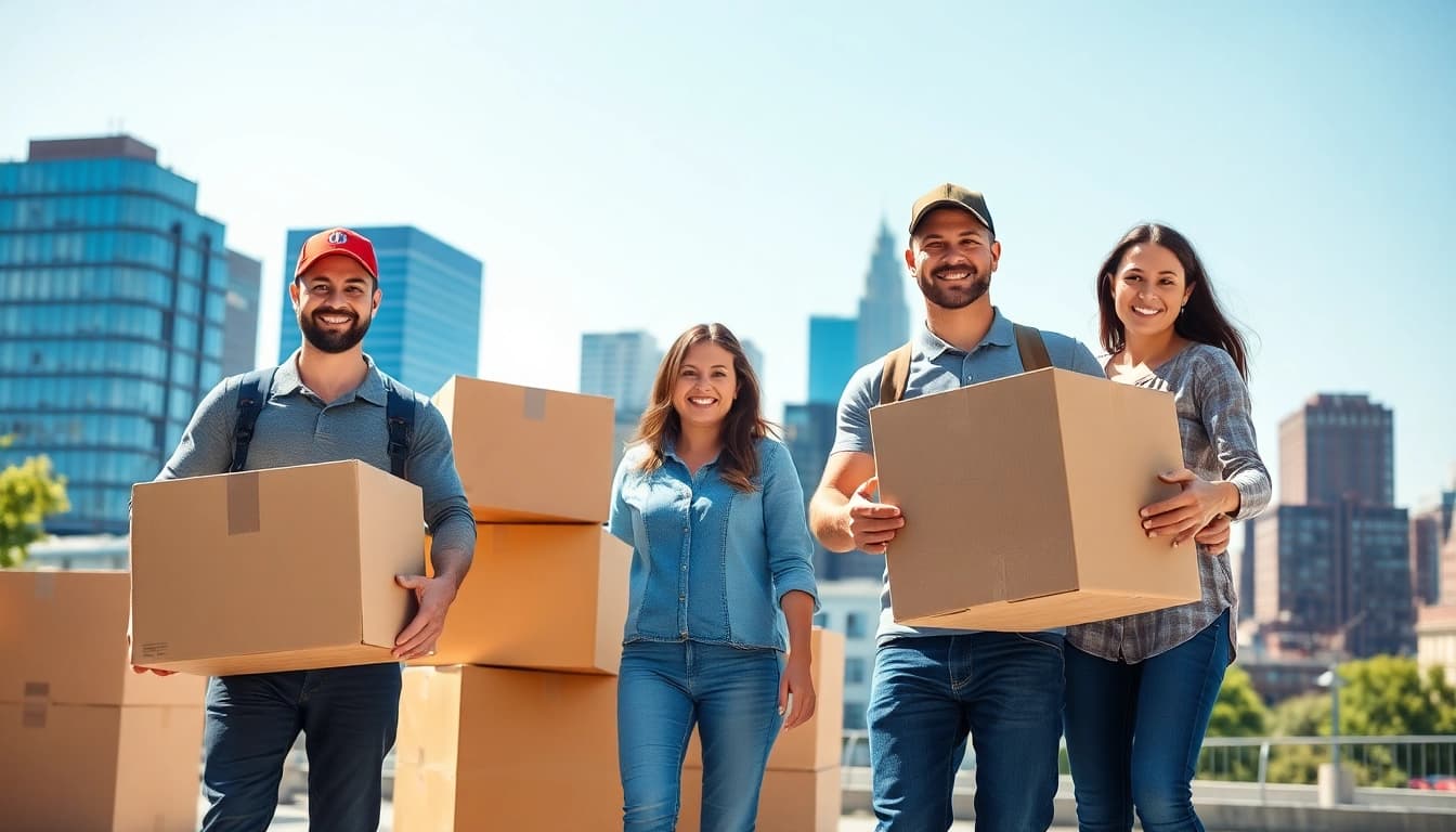 Local movers Boston assisting a family during their move, showcasing a friendly and energetic atmosphere.