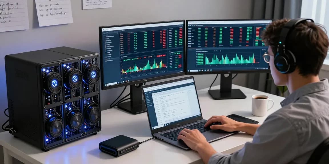 Dynamic view of a crypto mining platform setup featuring advanced mining rigs, digital wallet management, and cryptocurrency trading charts in a modern workspace.