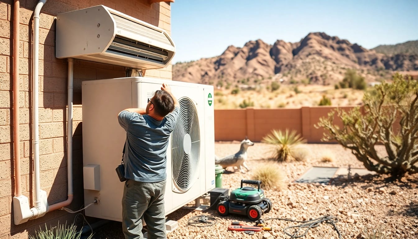 Technician performing ac repair in Phoenix AZ amidst desert surroundings under natural light.