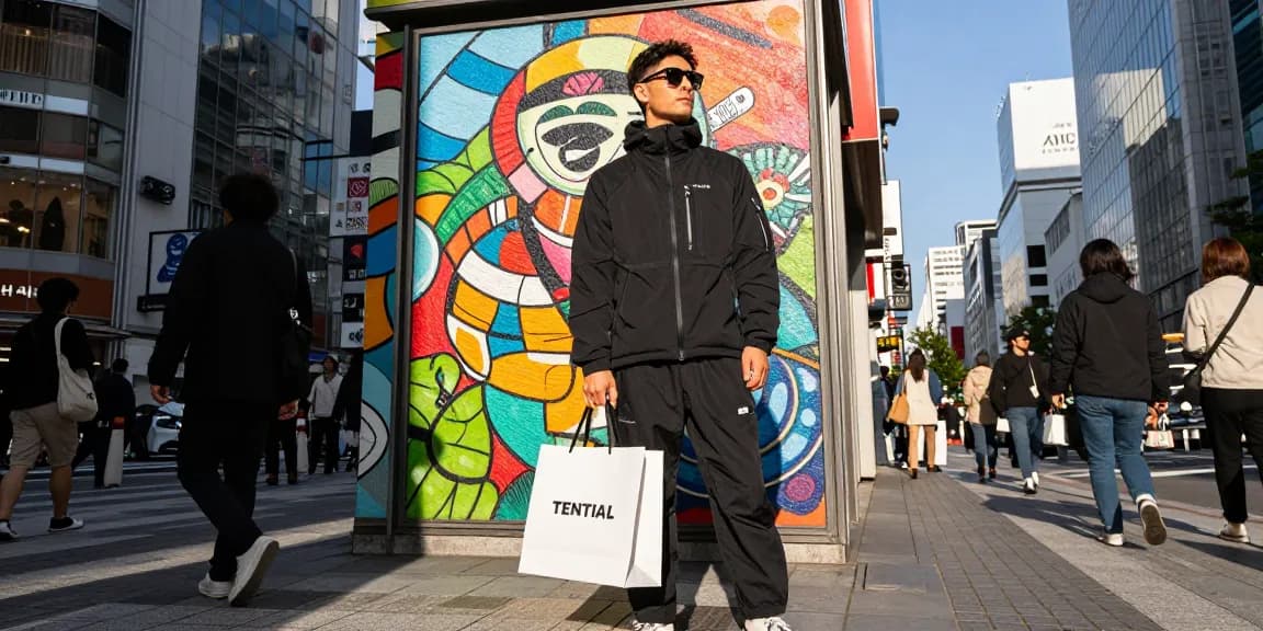 新宿、日本でBAKUNEのリカバリーウェアを着たスタイリッシュな個人