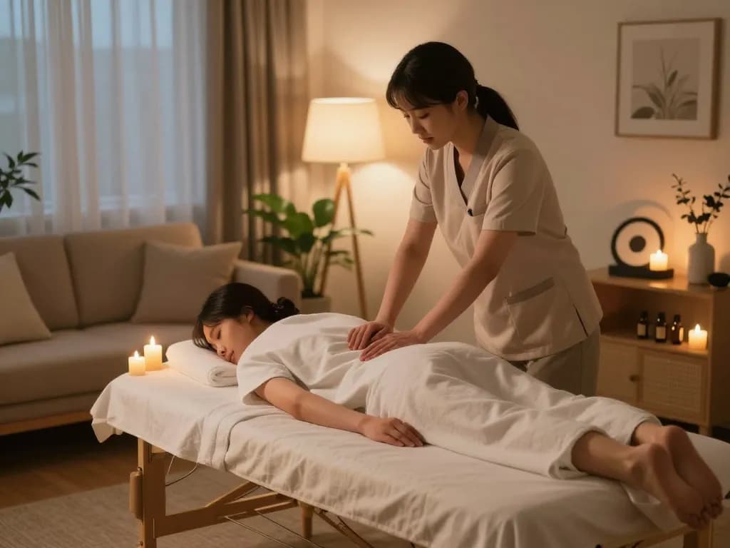 Serene home setting with a professional providing 부천 출장마사지, cozy atmosphere with soothing elements.