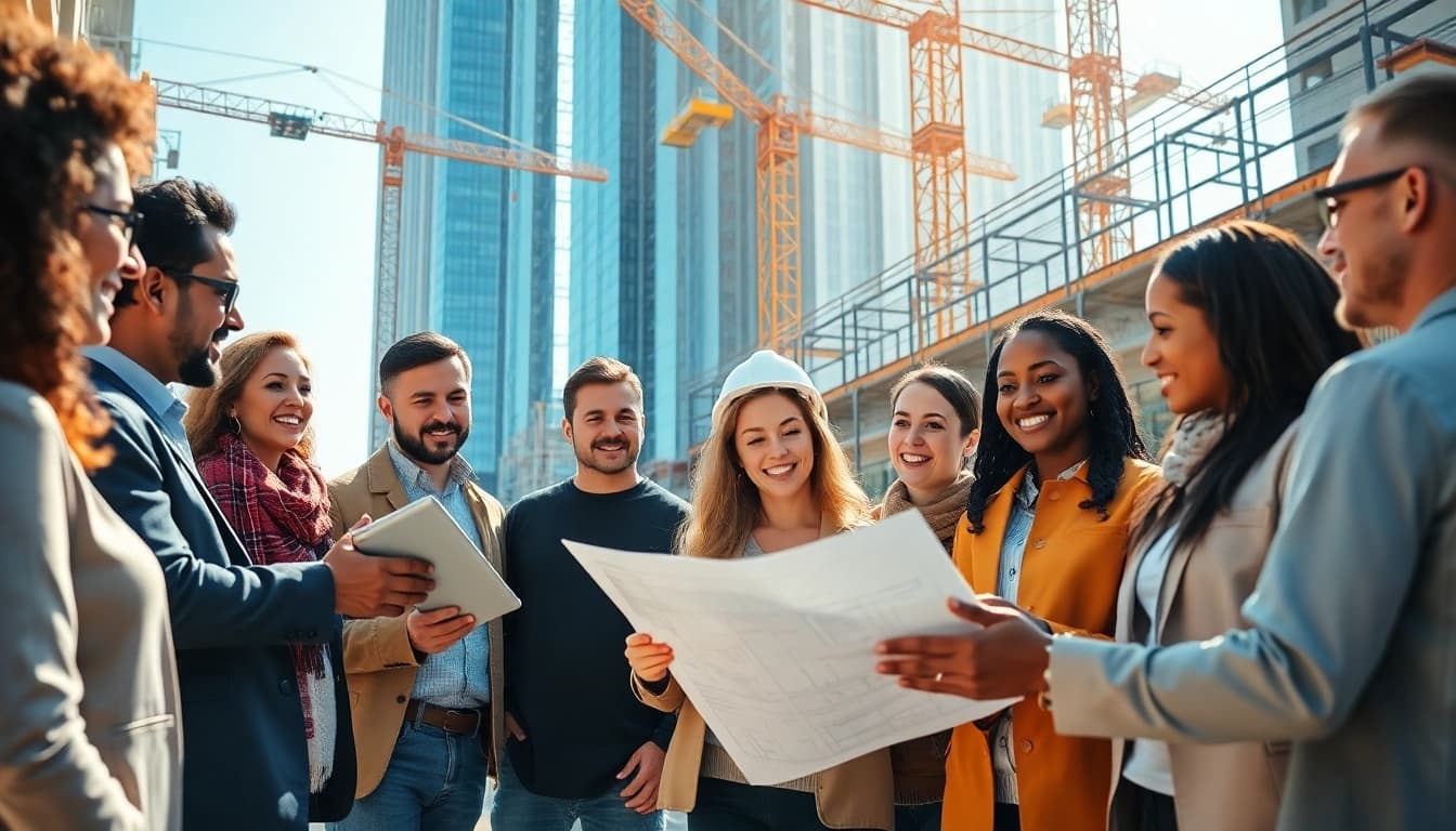Engaging professionals discussing construction advocacy on-site with blueprints and digital tools.