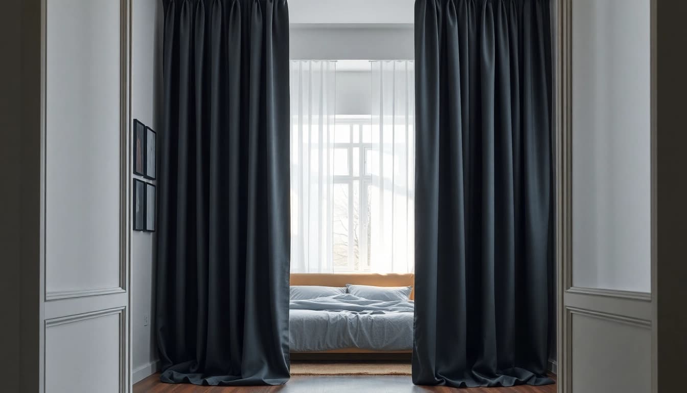 Verduisterende gordijnen in een moderne slaapkamer creëren een serene en comfortabele sfeer.