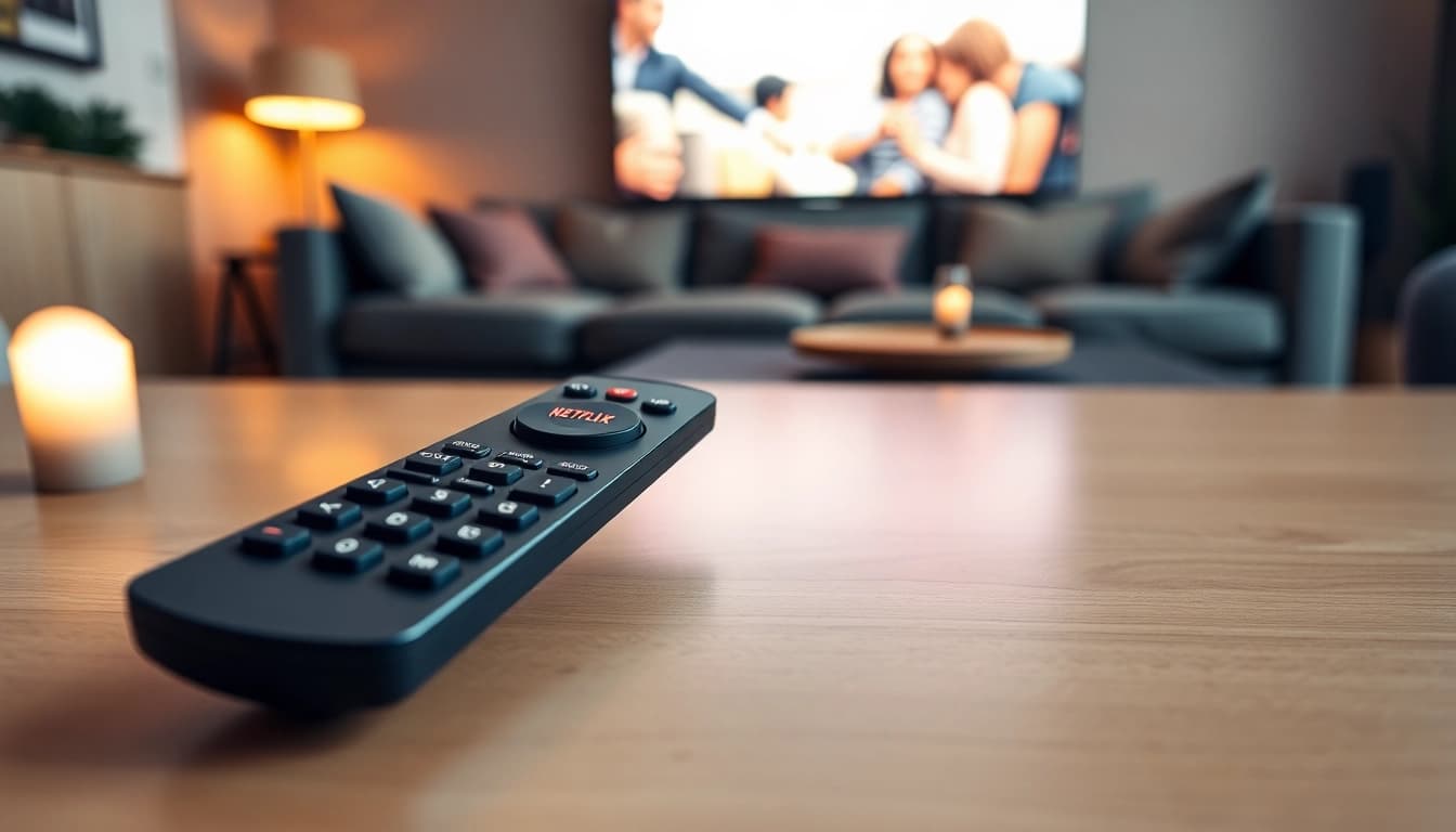 Fernbedienung mit Netflix Taste auf einem modernen Tisch im Wohnzimmer.