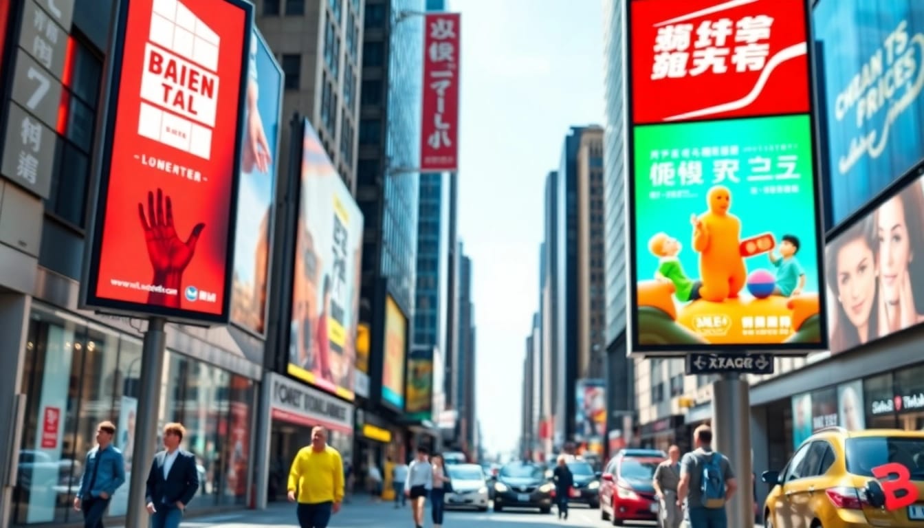 Engaging digital advertising boards showcasing vibrant ads in a busy urban street.