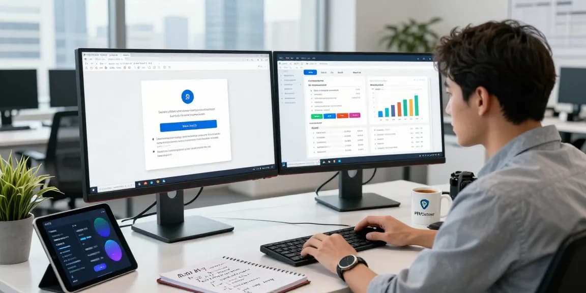 Detect fake PDF technology in action with a data analyst reviewing AI document verification results in a modern workspace.