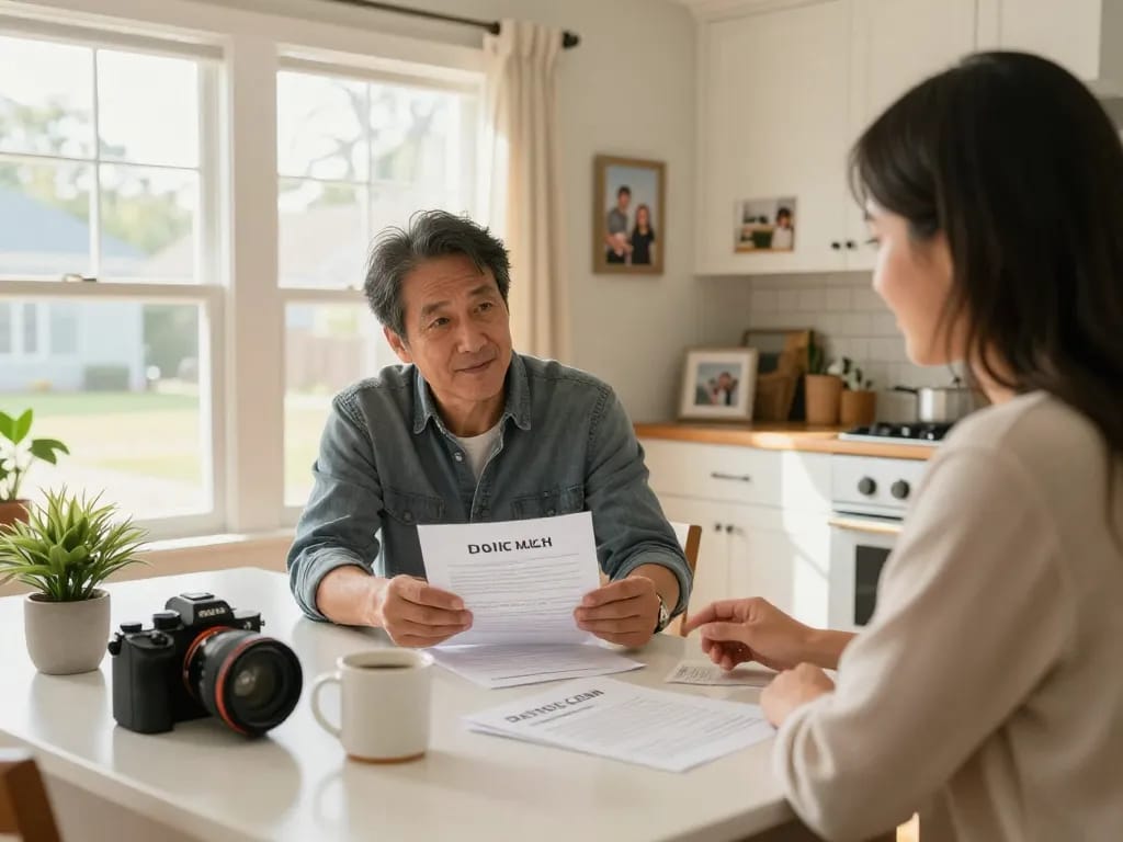 Homeowner selling house fast for cash with buyer in bright kitchen