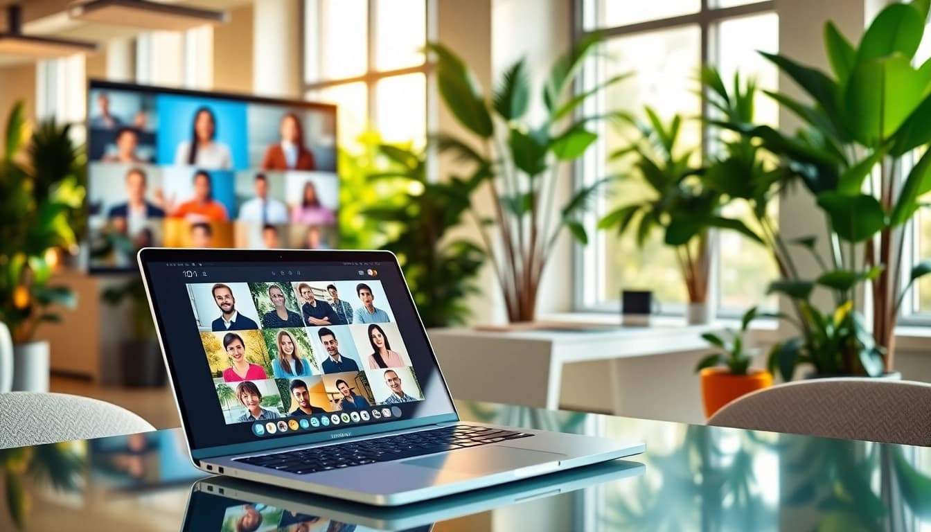 Engaging enterprise assistant software interface displayed in a modern corporate workspace.