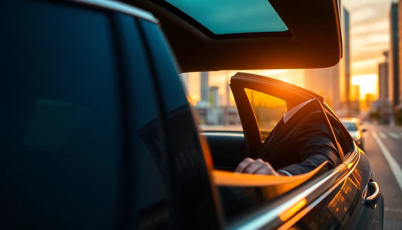 Experience premium chauffeur hire with a luxury sedan and professional chauffeur welcoming clients.